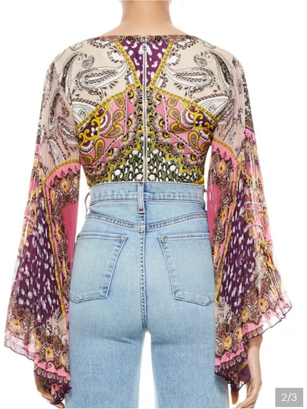 Alice + Olivia Chelsea Cropped Bell Sleeve Boho Paisley Top size 12 - Picture 5 of 12